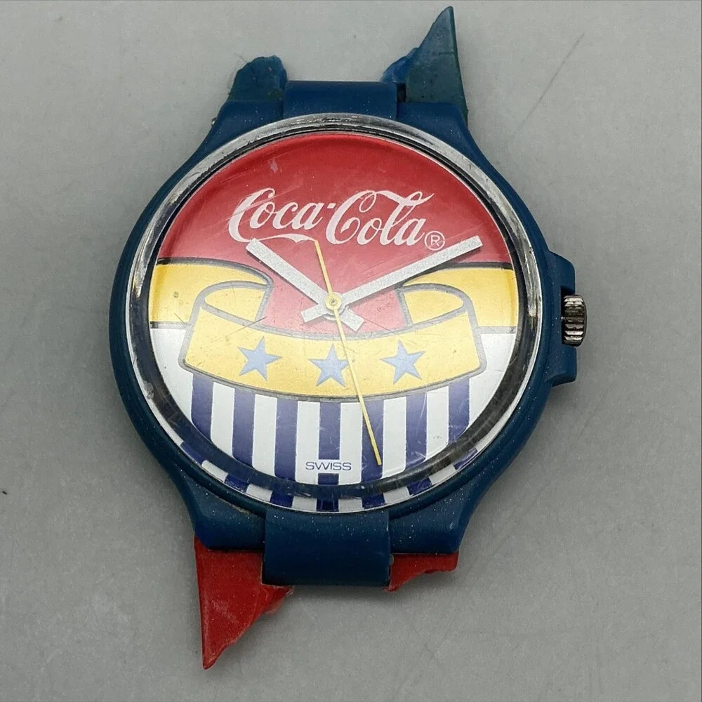 Vintage Swatch Coca-Cola Mens Watch 34mm 1990's Swiss Blue BROKEN BAND